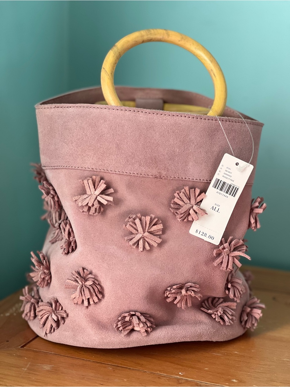 Anthropologie Alana Pom-Pom Suede Tote Bag Rose Mauve NWT